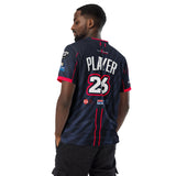 Man wearing blue Good Times Billiards custom jersey, back view showing player name and number