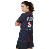 Woman in blue Good Times Billiards jersey, three-quarter back view with custom name and number