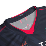 Close-up of red V-neck collar and inner neck print on blue Good Times Billiards jersey