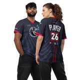 Two players modeling blue Good Times Billiards team jerseys, front and back views