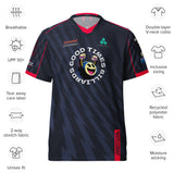 Blue Good Times Billiards jersey with feature callouts: breathable recycled polyester, moisture-wicking, unisex fit