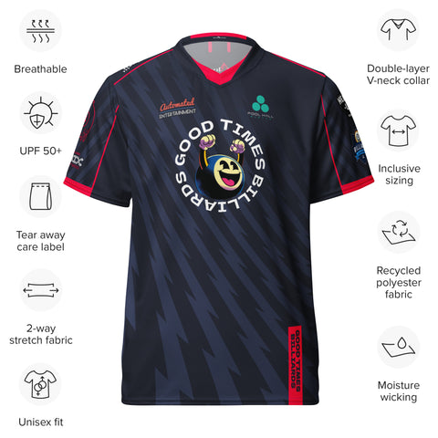 Blue Good Times Billiards jersey with feature callouts: breathable recycled polyester, moisture-wicking, unisex fit