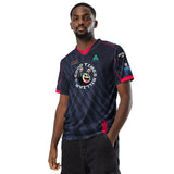 Man wearing blue Good Times Billiards pool jersey with red V-neck collar and sponsor logos