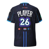 Back of purple Good Times Billiards custom pool jersey with personalized name, number 26 and sponsor logos