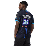 Man wearing purple Good Times Billiards custom jersey, back view showing player name and number