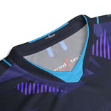 Close-up of blue V-neck collar and inner neck print on purple Good Times Billiards jersey
