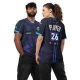 Two players modeling purple Good Times Billiards team jerseys, front and back views