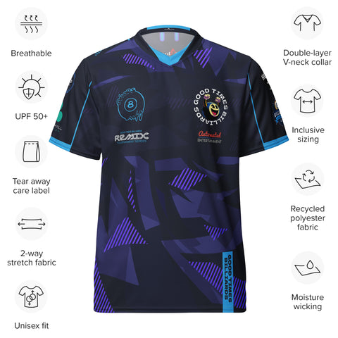Purple Good Times Billiards jersey with feature callouts: breathable recycled polyester, moisture-wicking, unisex fit