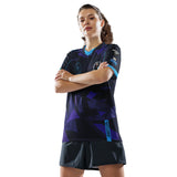 Woman with arms crossed wearing purple Good Times Billiards team jersey, front view