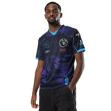 Man wearing purple
 Good Times Billiards pool jersey with blue V-neck collar and sponsor logos