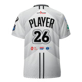 Back of white Good Times Billiards custom pool jersey with personalized name, number 26 and sponsor logos