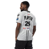 Man wearing white Good Times Billiards custom jersey, back view showing player name and number