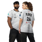 Two players modeling white Good Times Billiards team jerseys, front and back views
