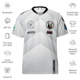 White Good Times Billiards jersey with feature callouts: breathable recycled polyester, moisture-wicking, unisex fit