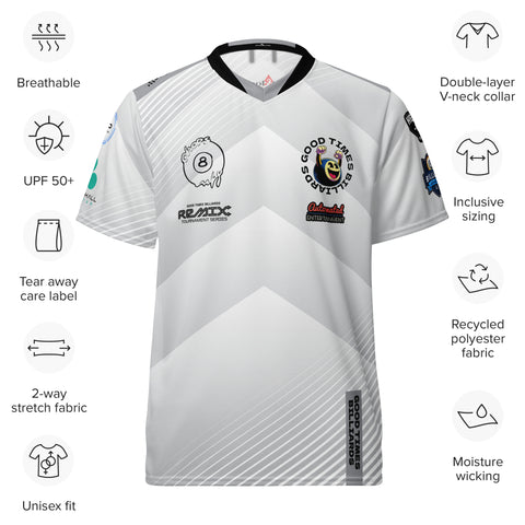 White Good Times Billiards jersey with feature callouts: breathable recycled polyester, moisture-wicking, unisex fit