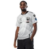 Man wearing white Good Times Billiards pool jersey with black V-neck collar and sponsor patches